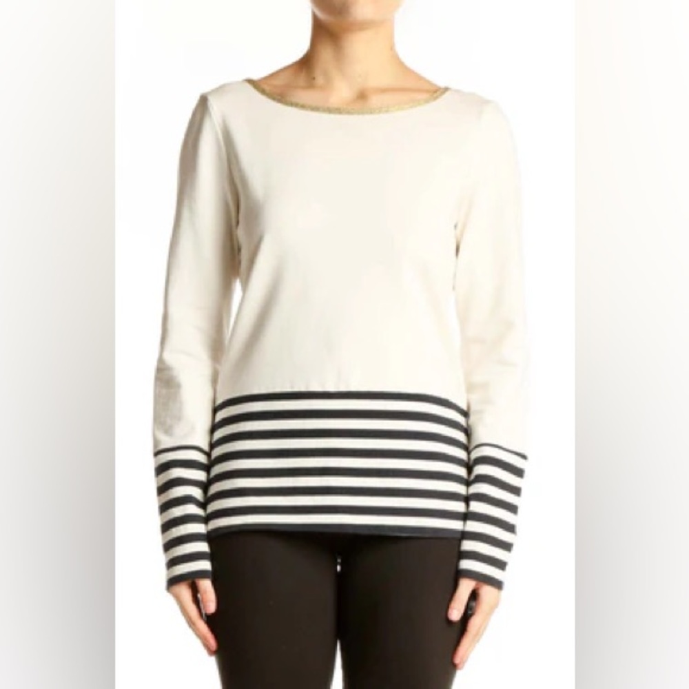 Banana Republic Stripe Hem Cream L/S Top Metallic Classic Preppy Modern Chic